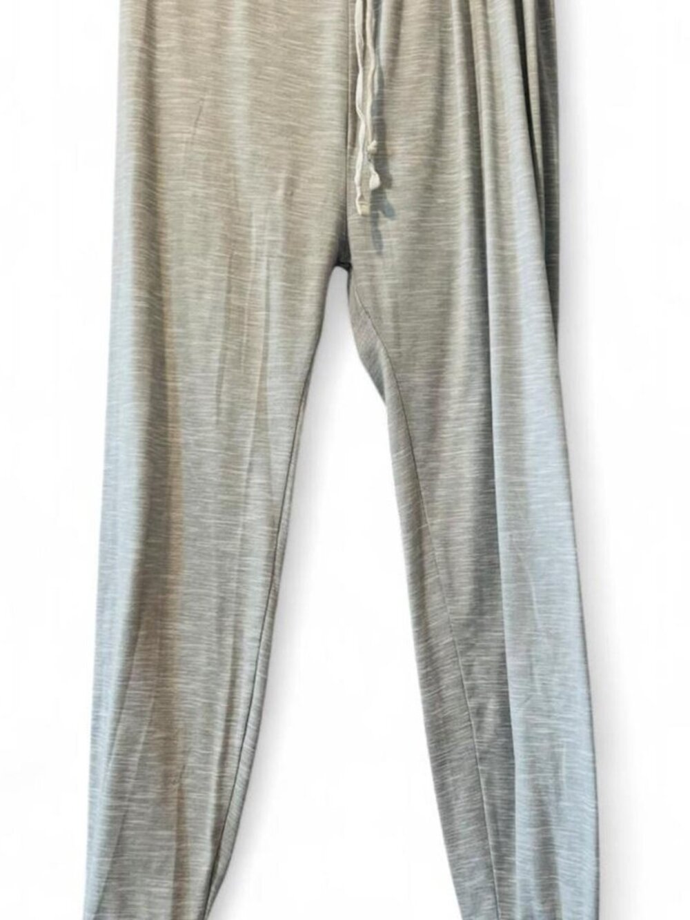Gray heather sweatpants with drawstring waist and tapered fit, size L